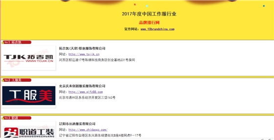 2017年度中國工作服十大品牌總評榜