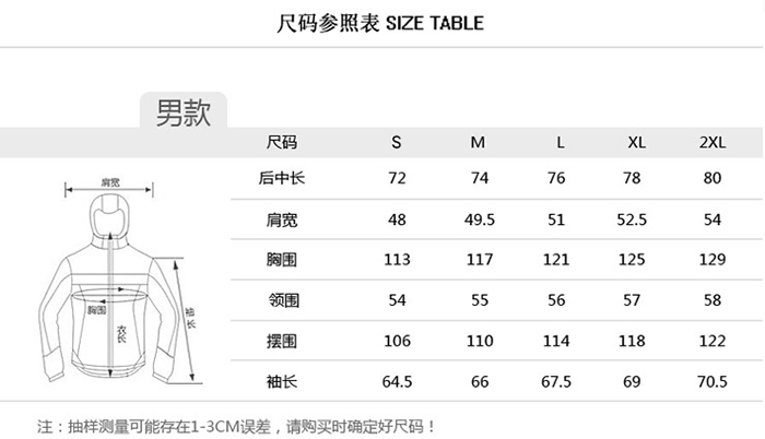 三合一沖鋒服男款尺碼表