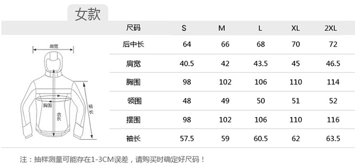 三合一沖鋒服女款尺碼表